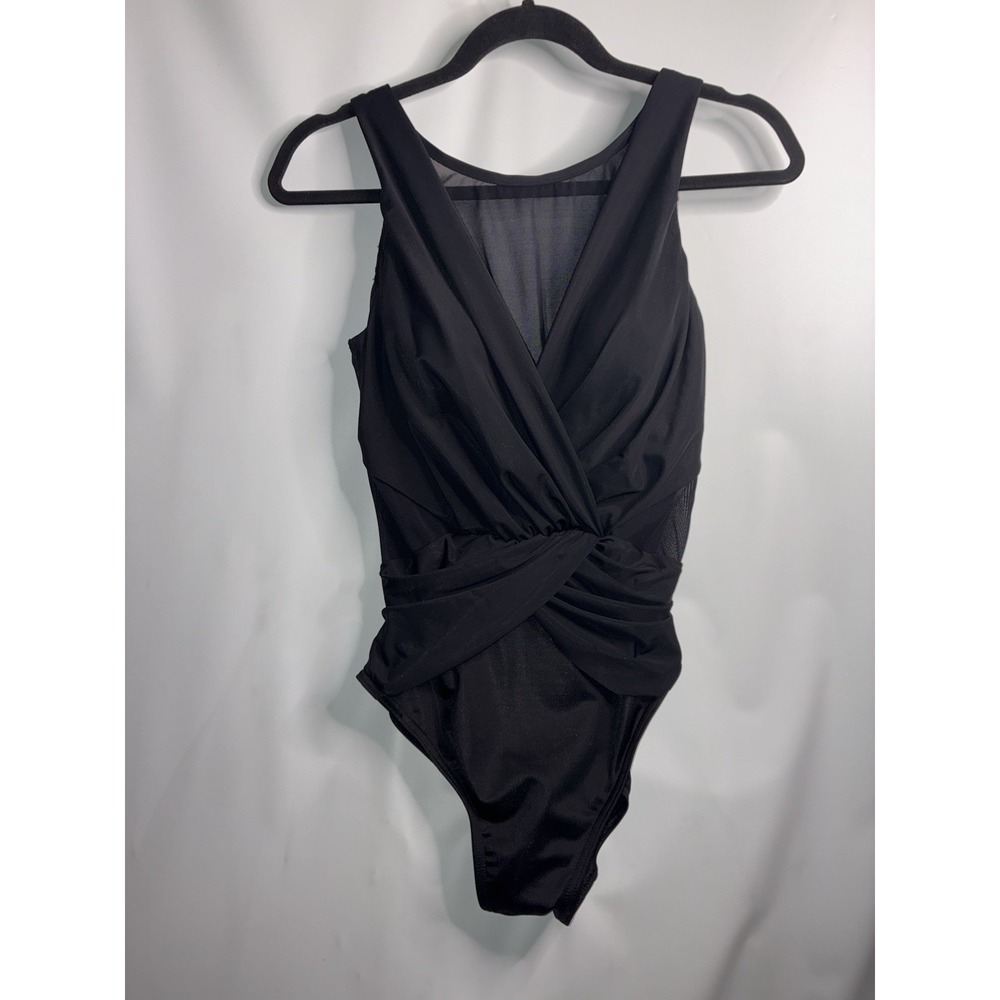 Miraclesuit Swimsuit Size 12 Black V-Neck One Piece Palma Deep V Mesh Ruched